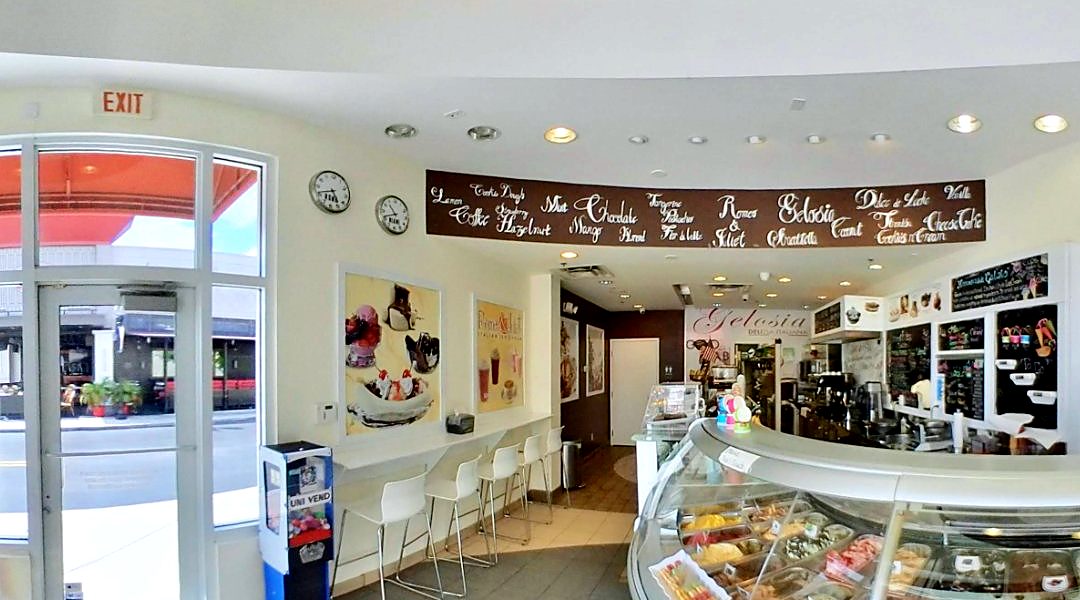 Inside Gelosia: the gelato display case and the flavor board